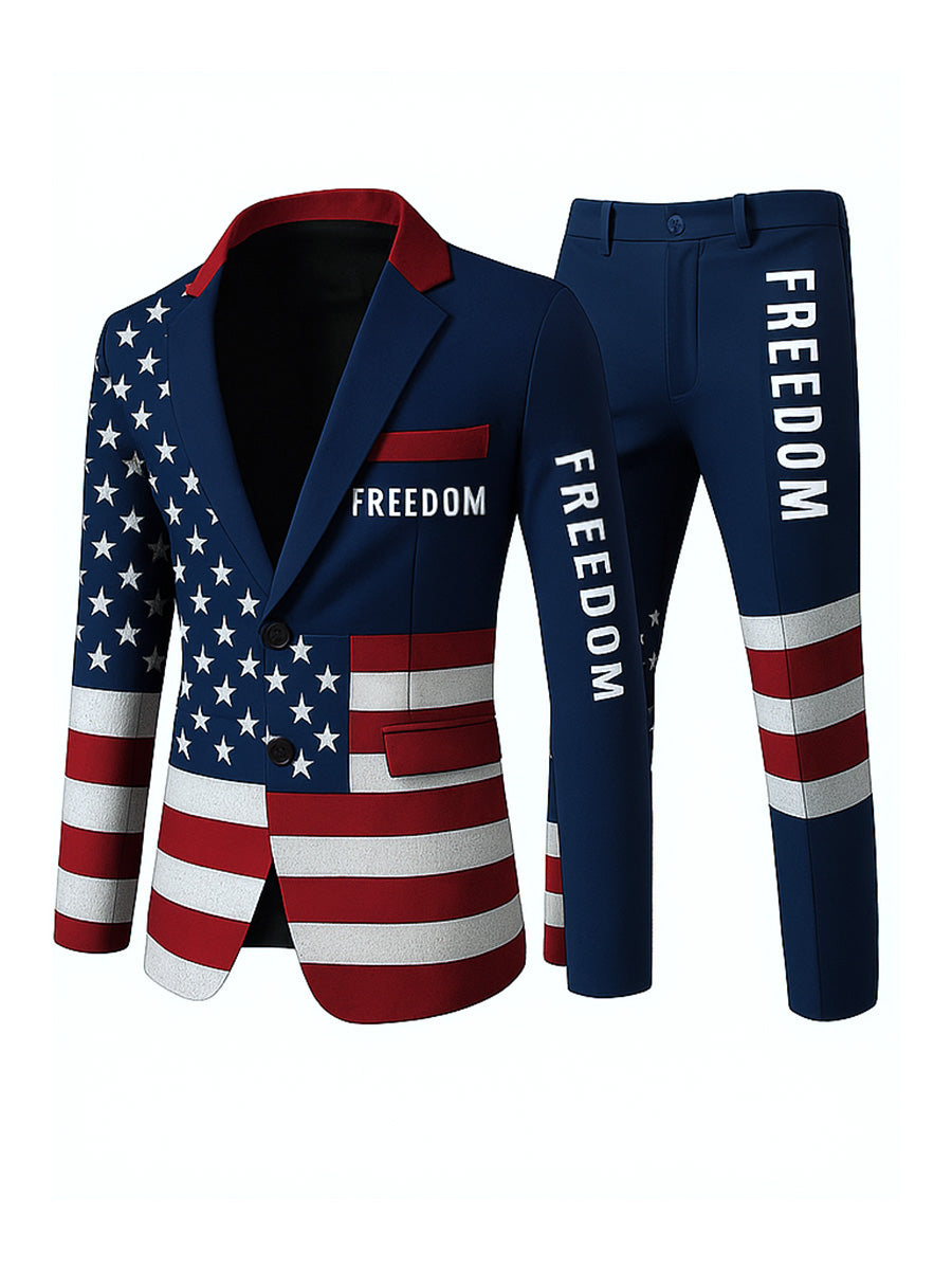 Men's Freedom American Flag Print Casual Jacket Trousers Two-Piece Suits
